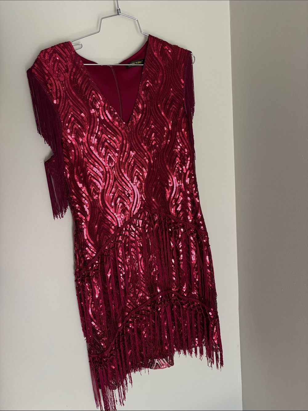Red Sequin Fringe V-Neck Mini Dress